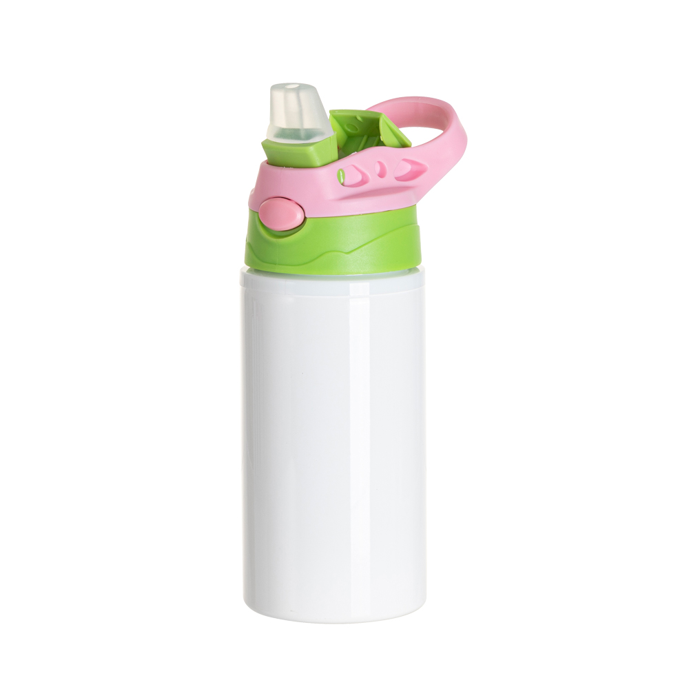 17OZ/500ml White Aluminium Water Bottle with Green/ Pink Lid