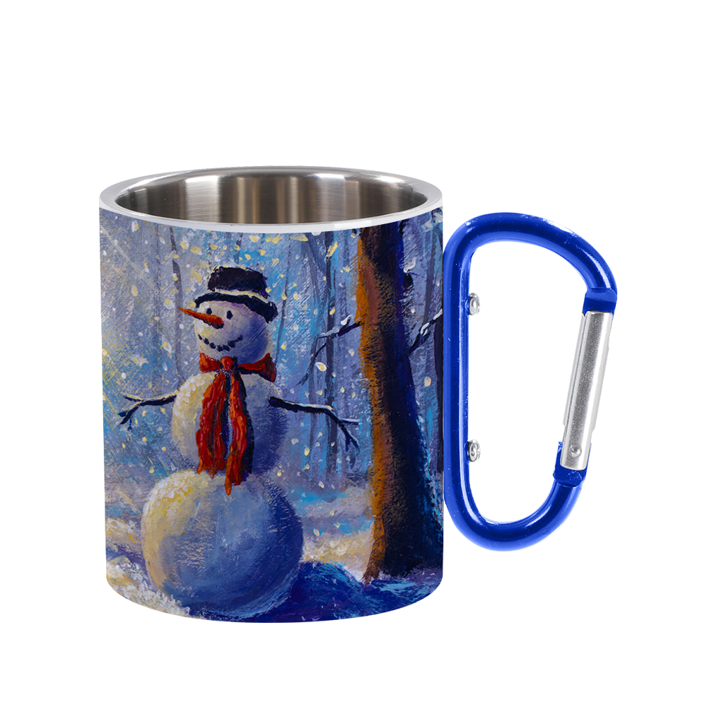 300ml White Stainless Steel Mug Double Wall with Blue Carabiner Handle