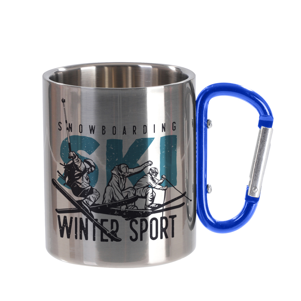 300ml Silver Stainless Steel Mug Double Wall with Blue Carabiner Handle