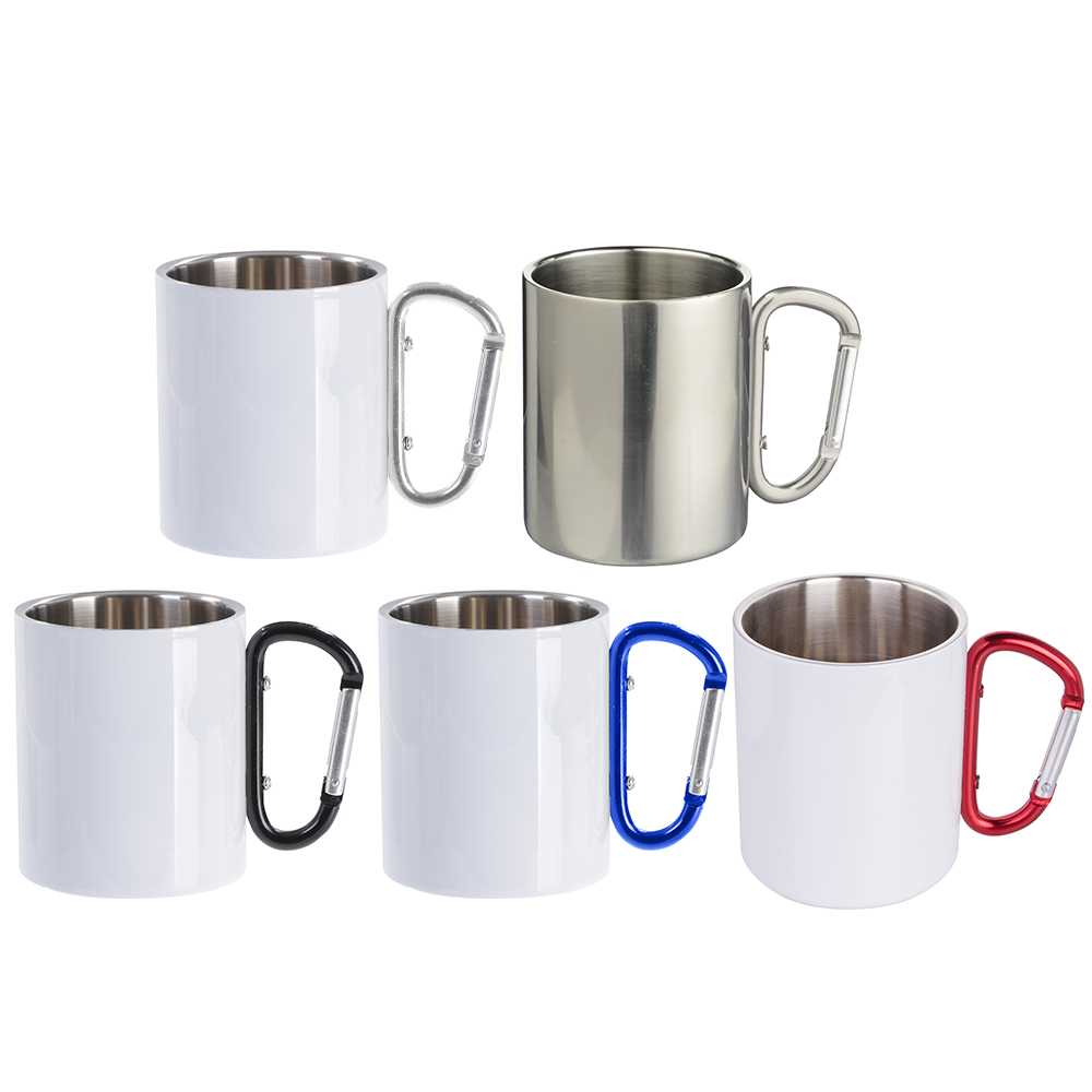 300ml Silver Stainless Steel Mug Double Wall with Black Carabiner Handle