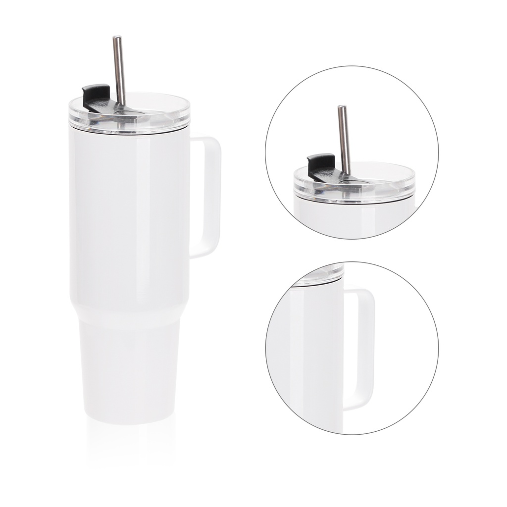 40OZ/1200ml White Stainless Steel Tumbler With Metal Handle, Metal Straw &amp; Swivel Lid