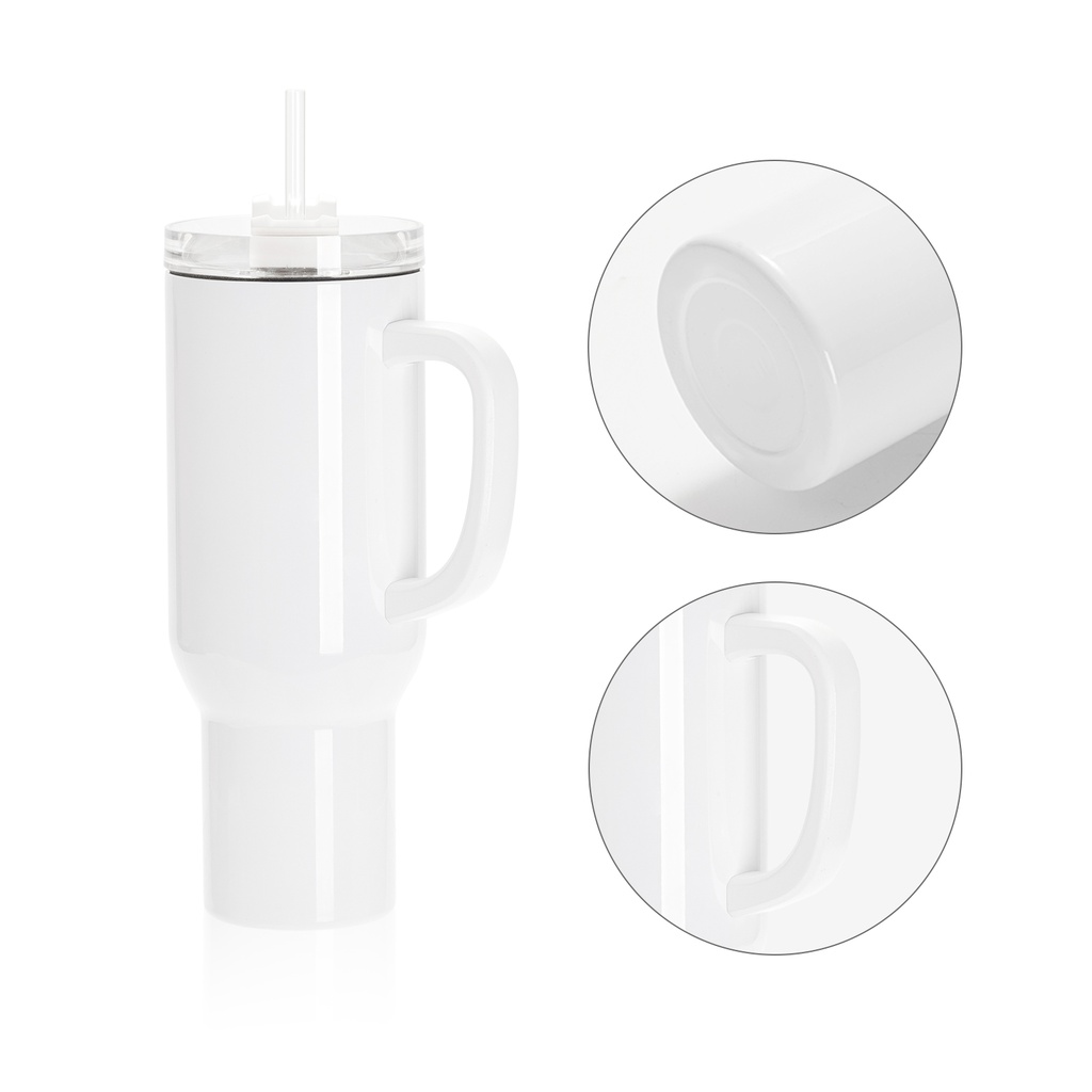 40oz/1200ml White Stainless Steel  Tumbler with White Plastic Handle, Plastic Straw &amp; Swivel Lid