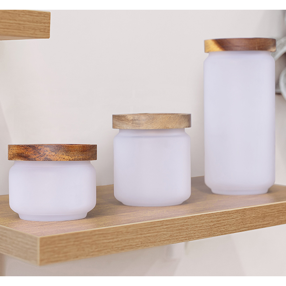 250ml Glass Storage Jar with Acacia Wood Lid (Frosted White)