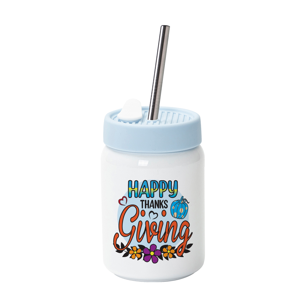 16OZ/480ml Stainless Steel Mason Tumbler with Straw (Silicon lid-Light Blue)