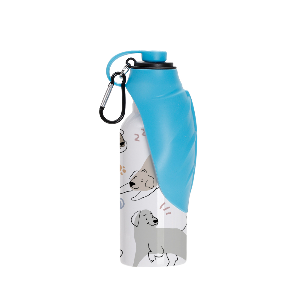 20oz/600ml White Stainless Steel with Light Blue Portable Pet Water Bottle Dispenser