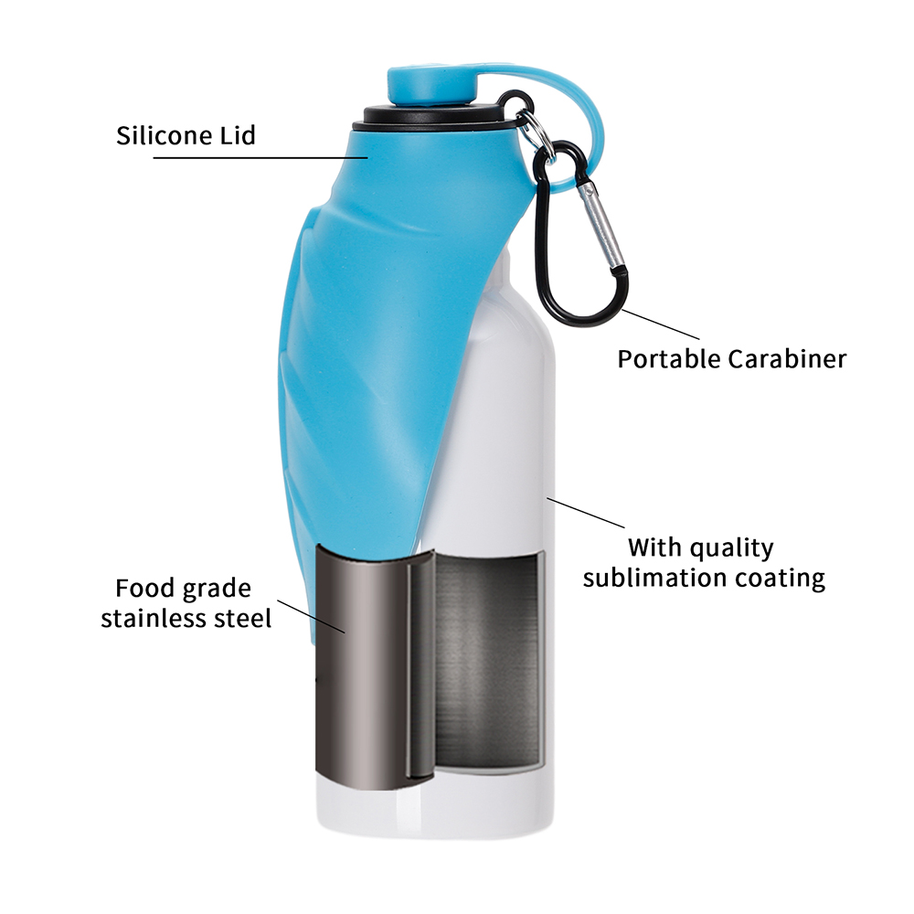 20oz/600ml White Stainless Steel with Light Blue Portable Pet Water Bottle Dispenser