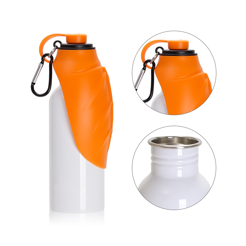 20oz/600ml White Stainless Steel with Orange Portable Pet Water Bottle Dispenser