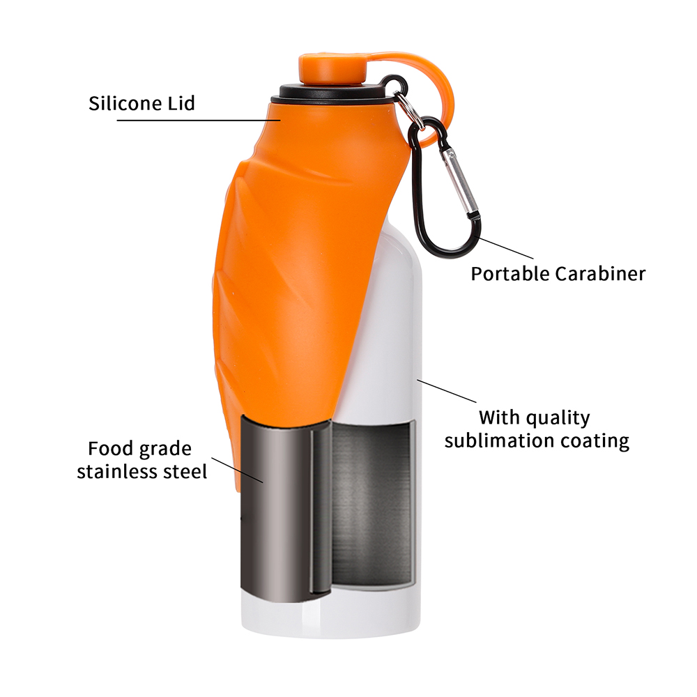 20oz/600ml White Stainless Steel with Orange Portable Pet Water Bottle Dispenser