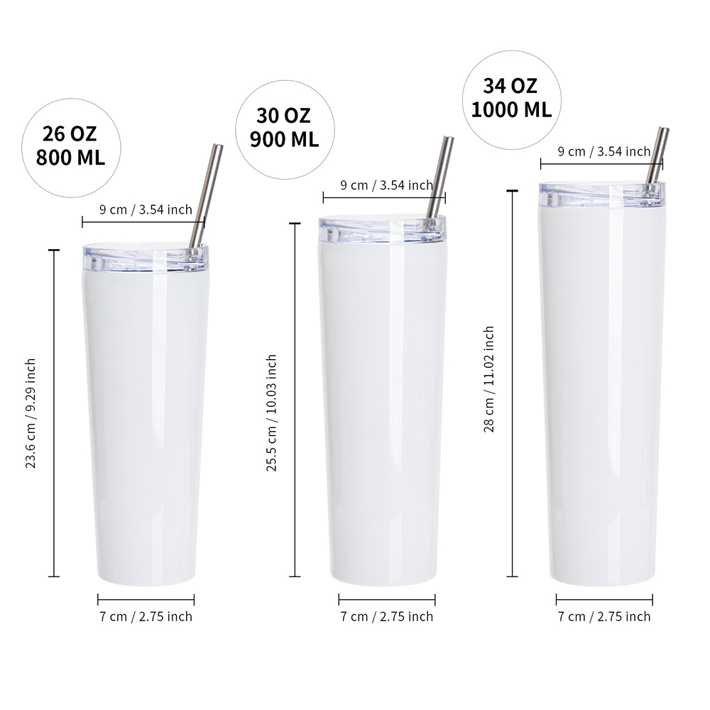 26OZ/800ml Stainless Steel Tumbler with Water Proof Lid &amp; Metal Straw (Sublimation Glossy White)
