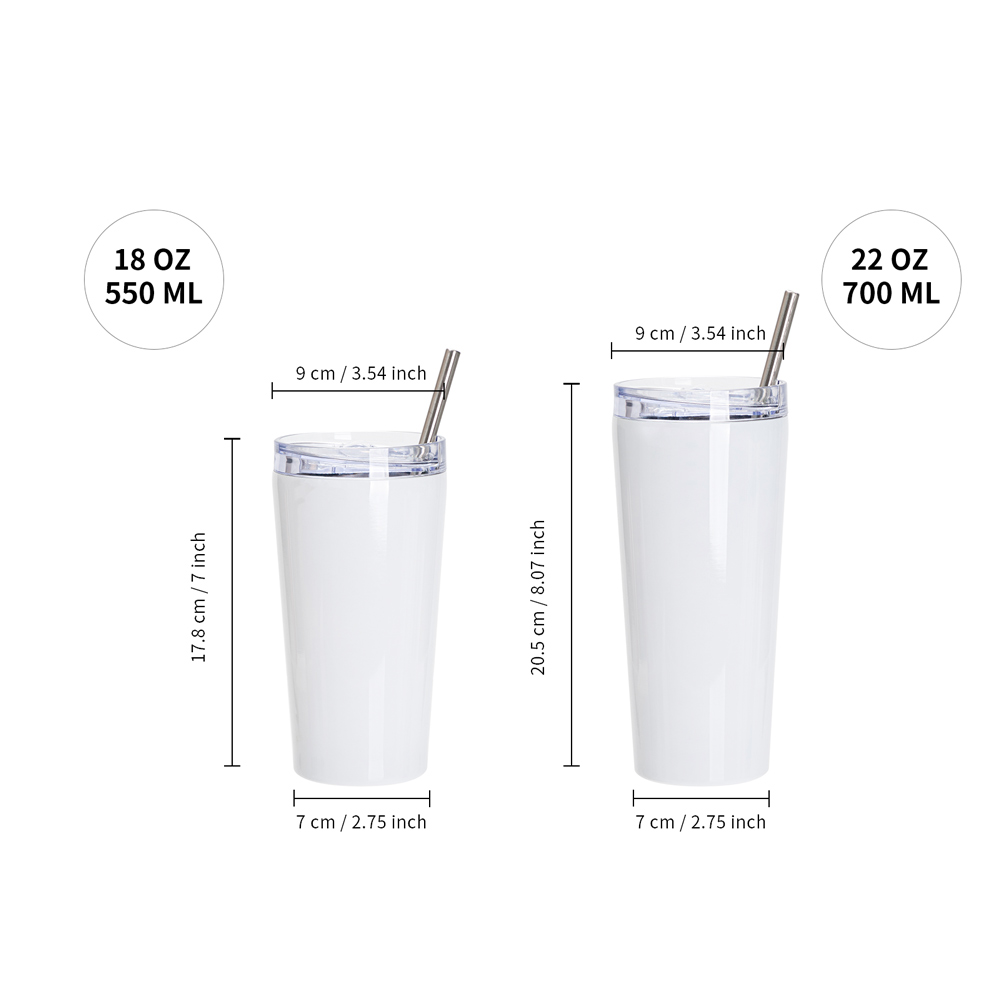 18oz/550ml Stainless Steel Tumbler with Water Proof Lid &amp; Metal Straw (Sublimation Glossy White)