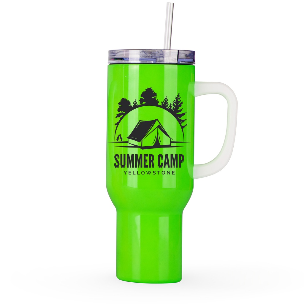 40oz/1200ml Stainless Steel Neon Color Tumbler with Plastic Handle, Plastic Straw &amp; Leak-Proof Slide Lid (Yellow)