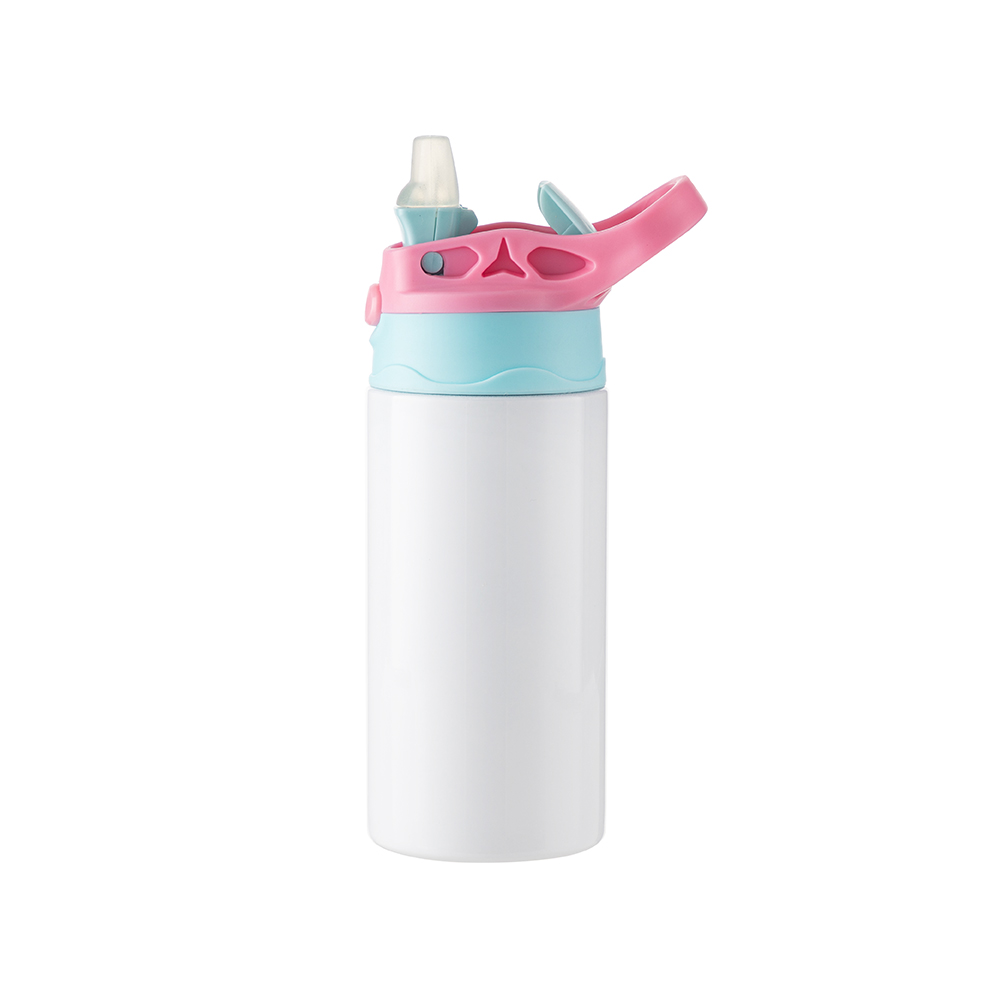 Kids Stainless Steel Bottle With Silicon Straw &amp;Pink Cap(12oz/360ml,Sublimation Blank,White)