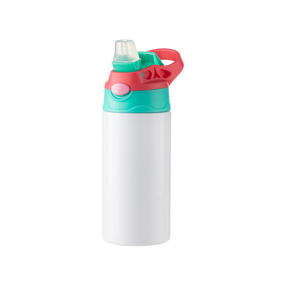 Kids Stainless Steel Bottle With Silicon Straw &amp; Red Cap(12oz/360ml,Sublimation Blank,White)