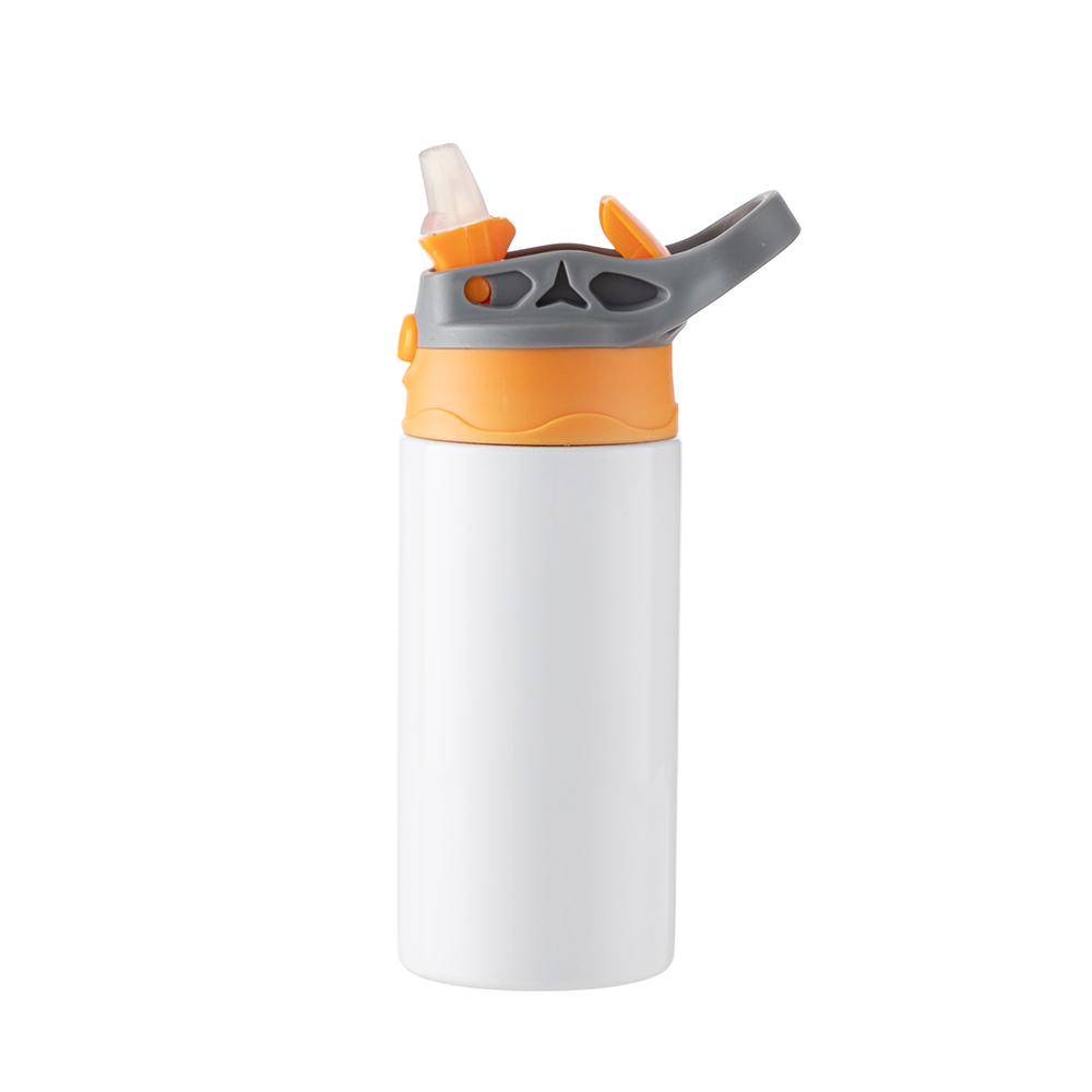 Kids Stainless Steel Bottle With Silicon Straw &amp;Orange Cap(12oz/360ml,Sublimation Blank,White)