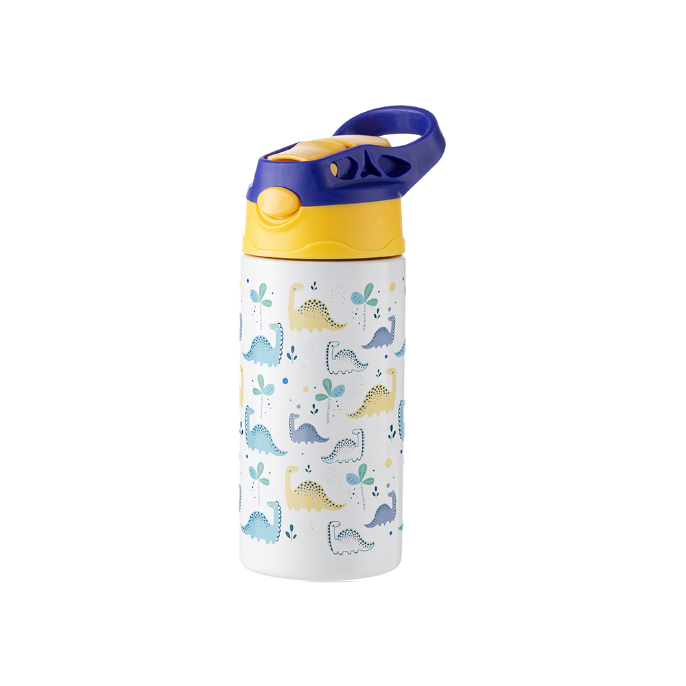 Kids Stainless Steel Bottle With Silicon Straw &amp; Blue Cap(12oz/360ml,Sublimation Blank,White)