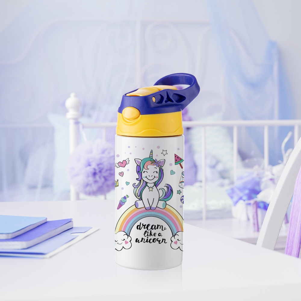 Kids Stainless Steel Bottle With Silicon Straw &amp; Blue Cap(12oz/360ml,Sublimation Blank,White)