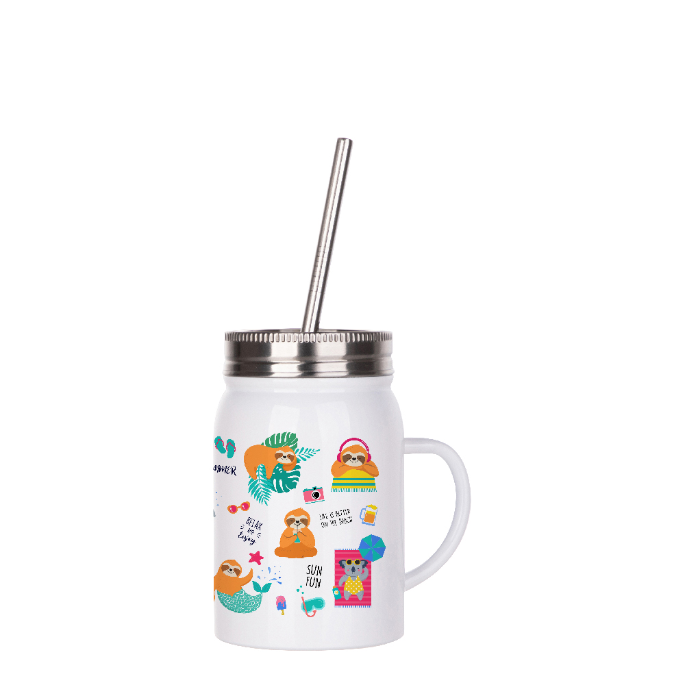 Stainless Steel Mason Jar with Handle and Straw(17oz/500ml,Sublimation blank,White)