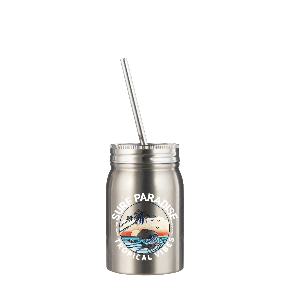 Stainless Steel Mason Jar with Straw(17oz/500ml,Sublimation blank,Silver)