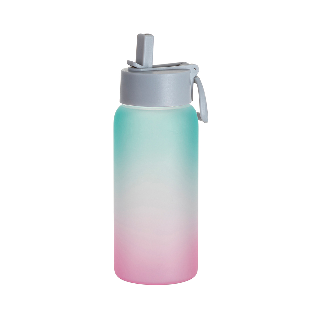 25oz/750ml Frosted Glass Sports Bottle w/ Grey Straw Lid (Gradient Color Green &amp; Pink)