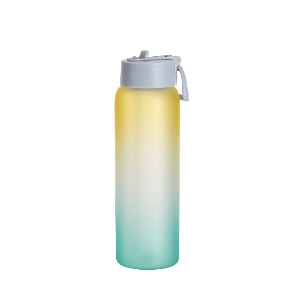32oz/950ml Frosted Glass Sports Bottle w/ Blue Straw Lid (Gradient Color Yellow &amp; Green)
