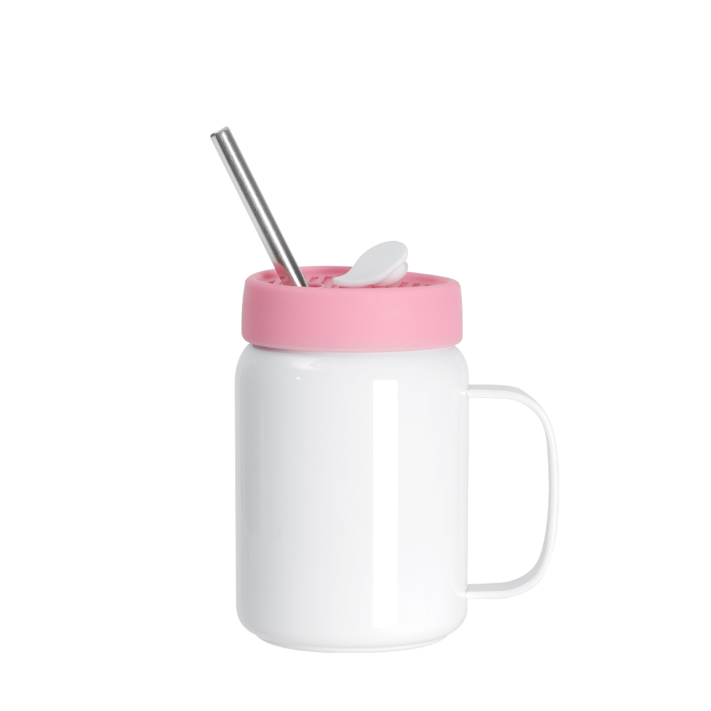 16OZ/480ml Stainless Steel Mason Jar with Handle &amp; Straw (Silicon lid-Pink)