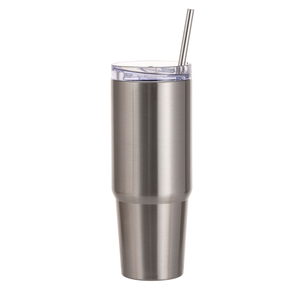 30OZ/900ml Stainless Steel Travel Tumblers With Metal Straw And Screw Top (Silver)