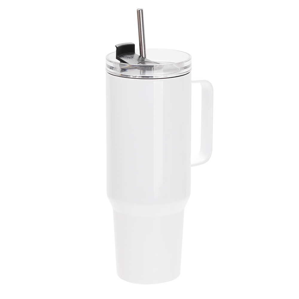 40OZ/1200ml White Stainless Steel Tumbler With Metal Handle, Metal Straw &amp; Swivel Lid