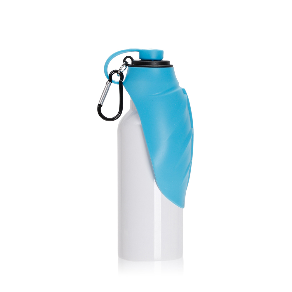 20oz/600ml White Stainless Steel Pet Travel Bottle with Light Blue Silicon Dispenser &amp; Carabiner