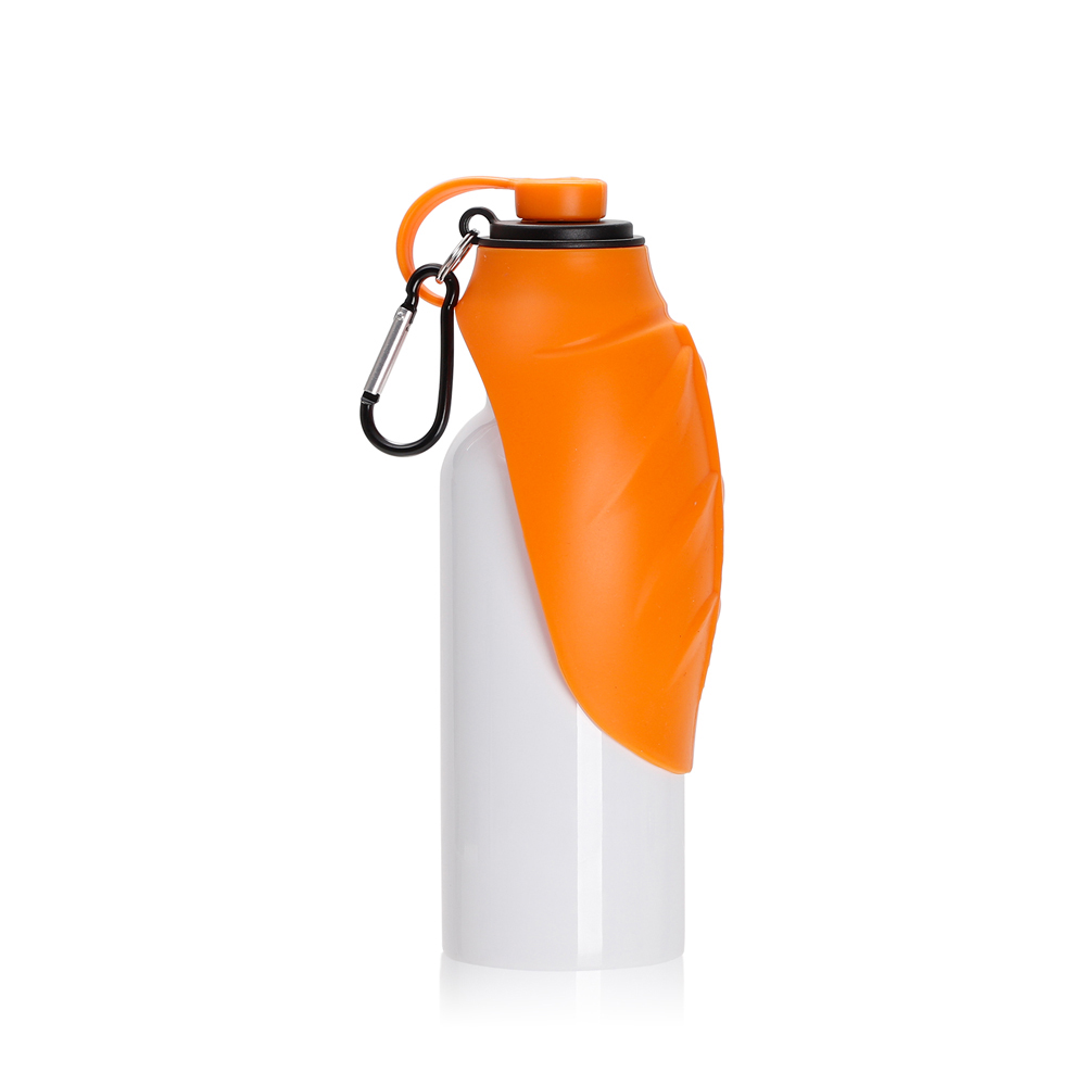 20oz/600ml White Stainless Steel Pet Travel Bottle with Orange Silicon Dispenser &amp; Carabiner