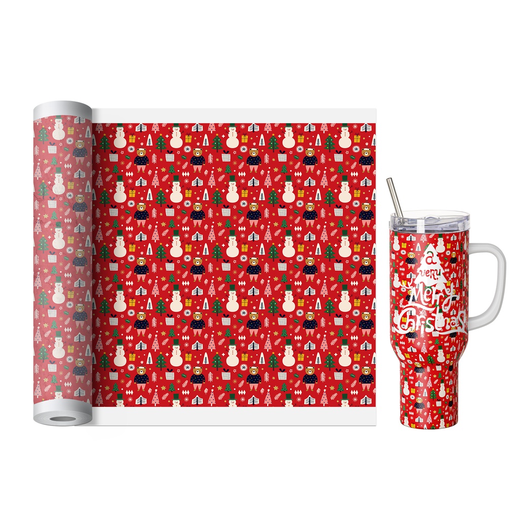Hydro Sublimation Transfer Paper Roll(Christmas snowman bear red, 38*1220cm/ 15in x 40ft)