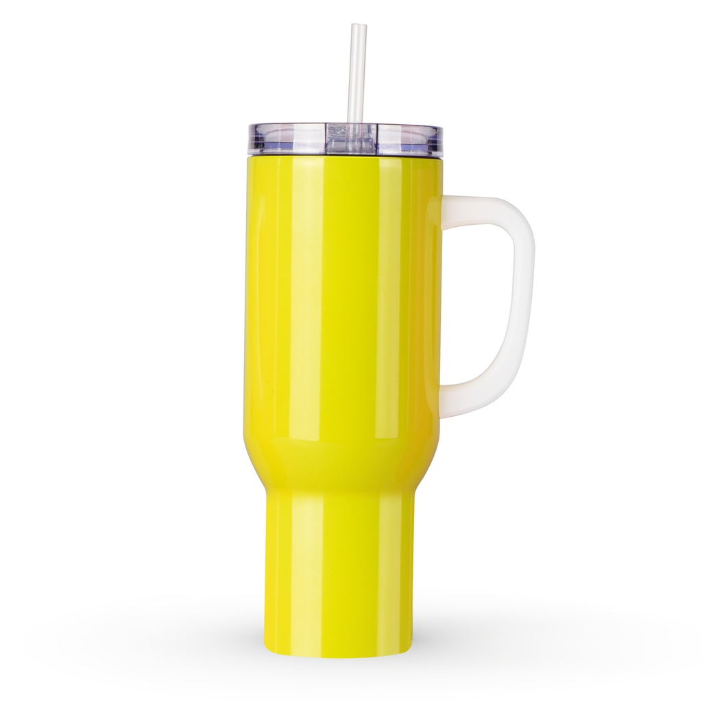 40oz/1200ml Stainless Steel Neon Travel Tumbler with Plastic Handle, Plastic Straw &amp; Leak-Proof Slide Lid (Glossy Yellow)