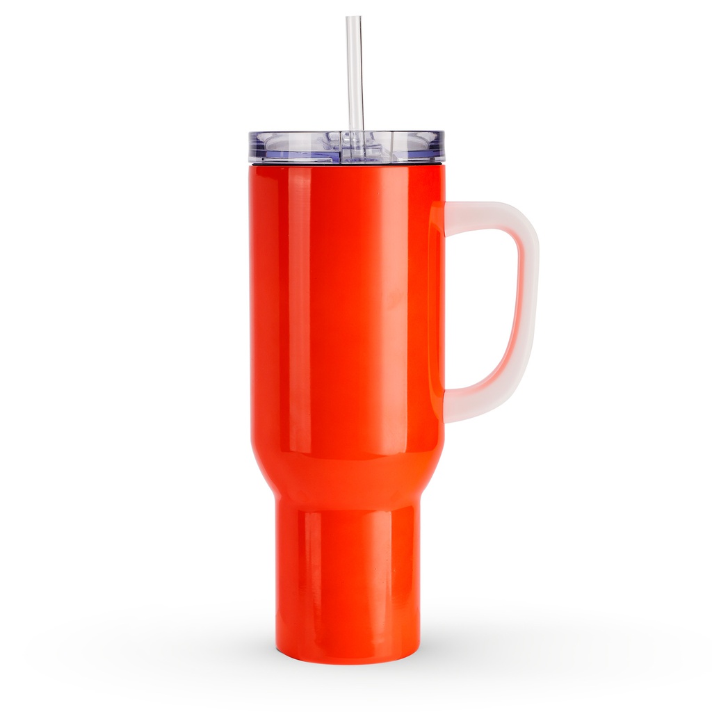 40oz/1200ml Stainless Steel Neon Travel Tumbler with Plastic Handle, Plastic Straw &amp; Leak-Proof Slide Lid (Glossy Red)