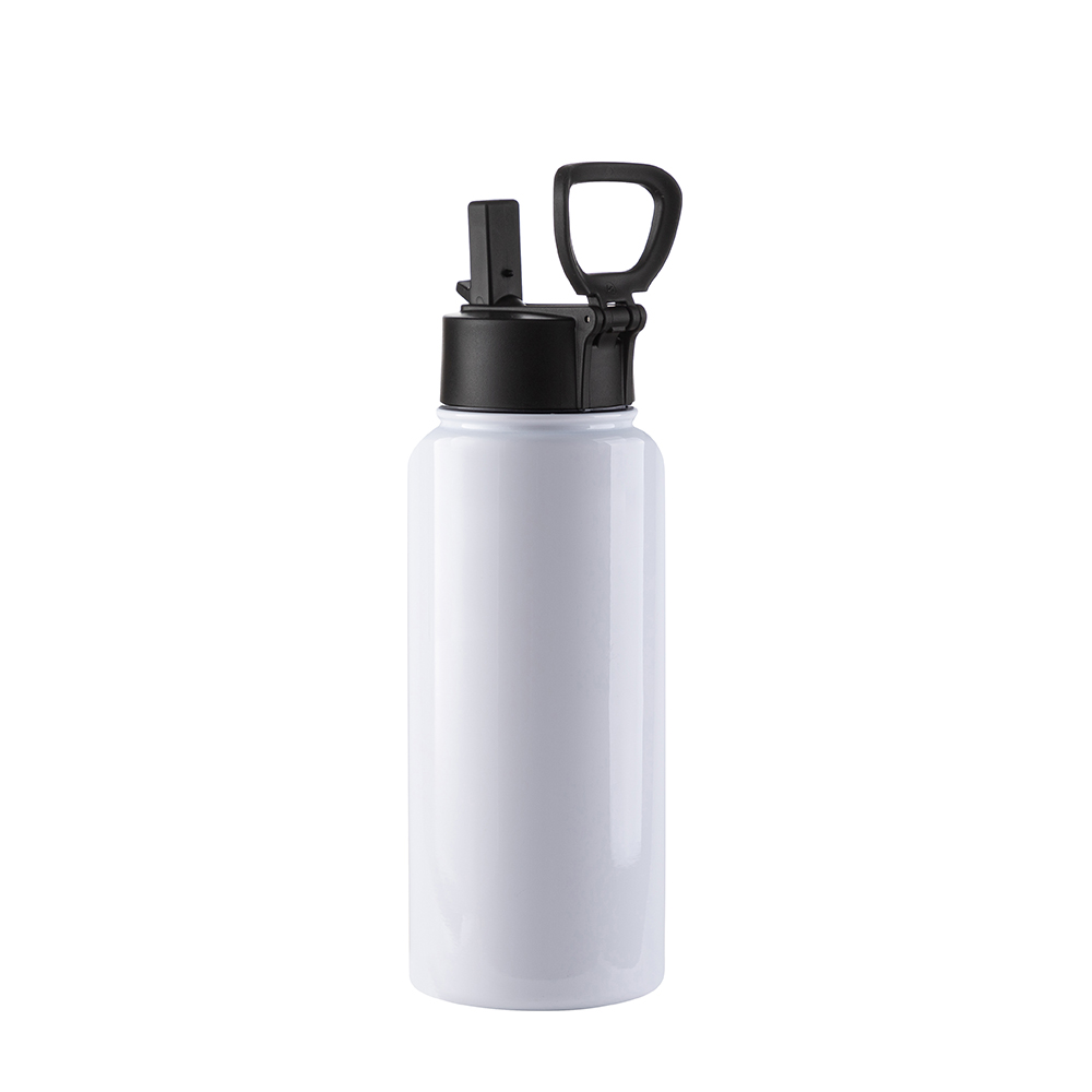 Stainless Steel Flask with Wide Mouth Straw Lid &amp; Rotating Handle(32oz/950ml,Sublimation Blank,White)