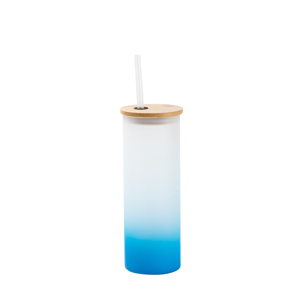 Frosted Glass Skinny Tumbler w/Straw &amp; Bamboo Lid(17oz/500ml,Sublimation Blank,Light Blue)