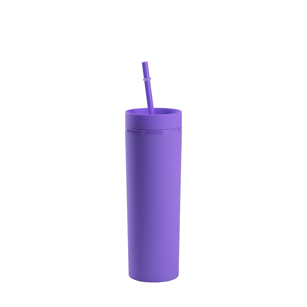 16OZ/473ml Double Wall Plastic Mug with Straw &amp; Lid (Purple, Paint)