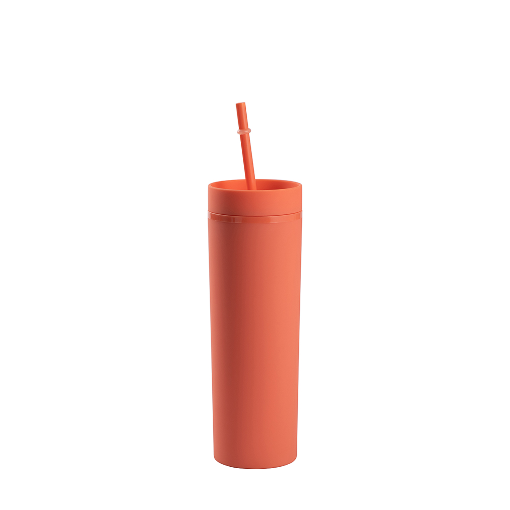 16OZ/473ml Double Wall Plastic Mug with Straw &amp; Lid (Coral Red, Paint)