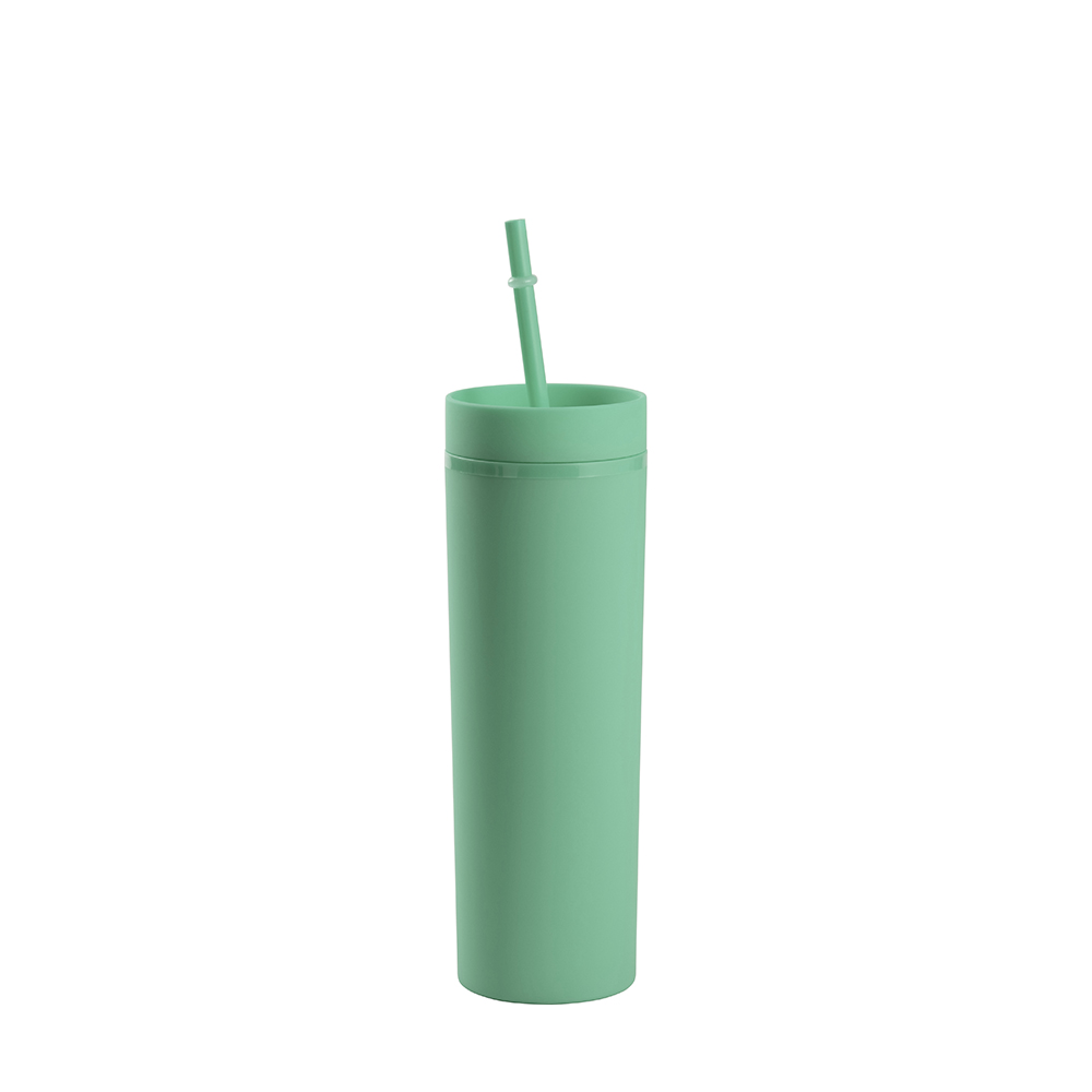 16OZ/473ml Double Wall Plastic Mug with Straw &amp; Lid (Light Green, Paint)