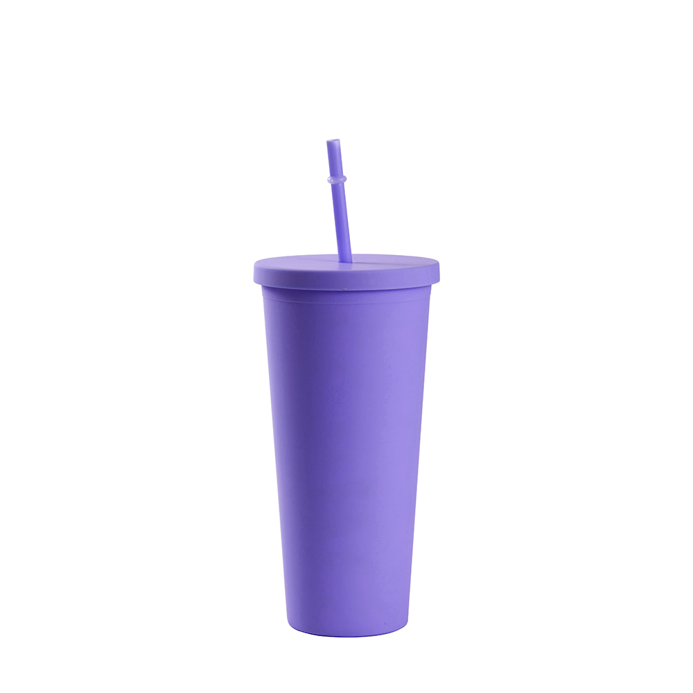 24OZ/700ml Double Wall Plastic Tumbler with Straw &amp; Lid (Purple, Paint)