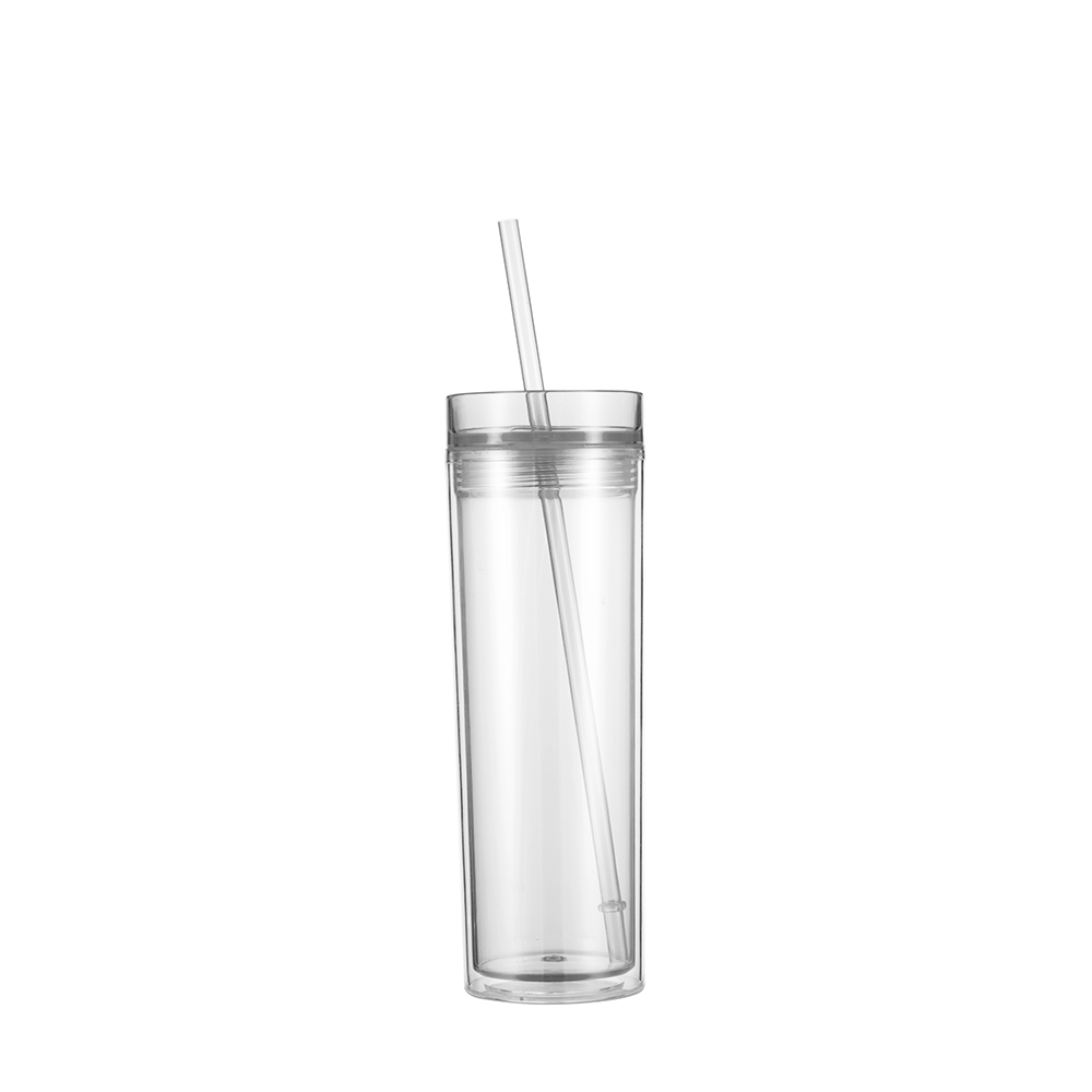 16OZ/473ml Double Wall Clear Plastic Mug with Straw &amp; Lid (Clear)