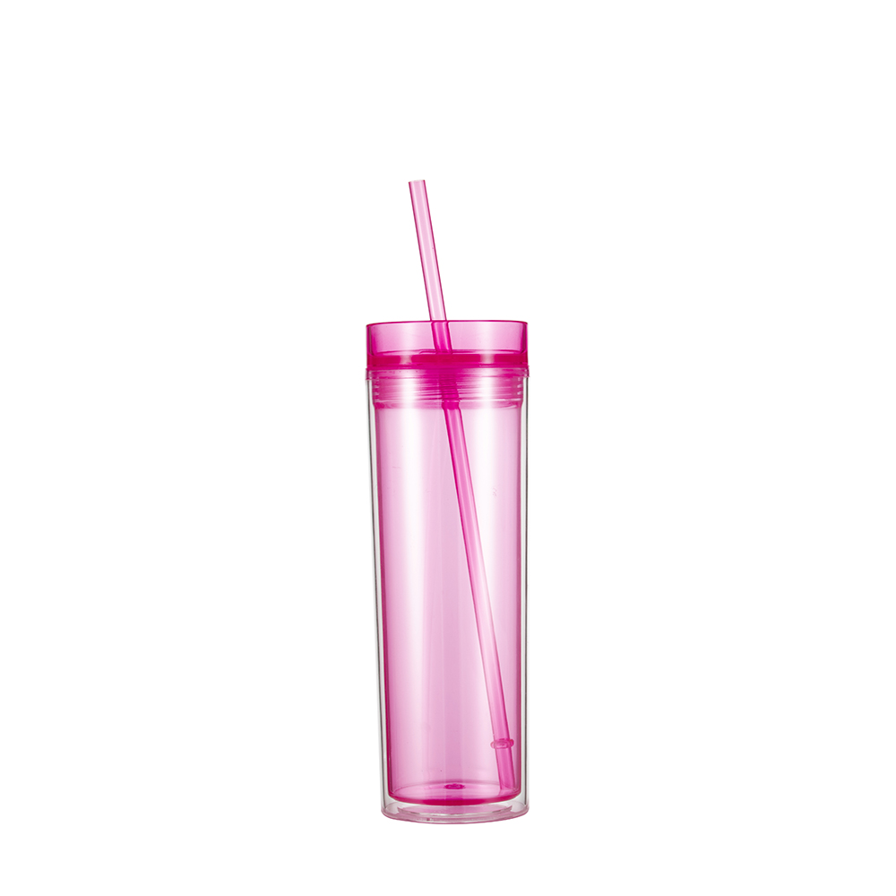 16OZ/473ml Double Wall Clear Plastic Mug with Straw &amp; Lid (Rose Red)