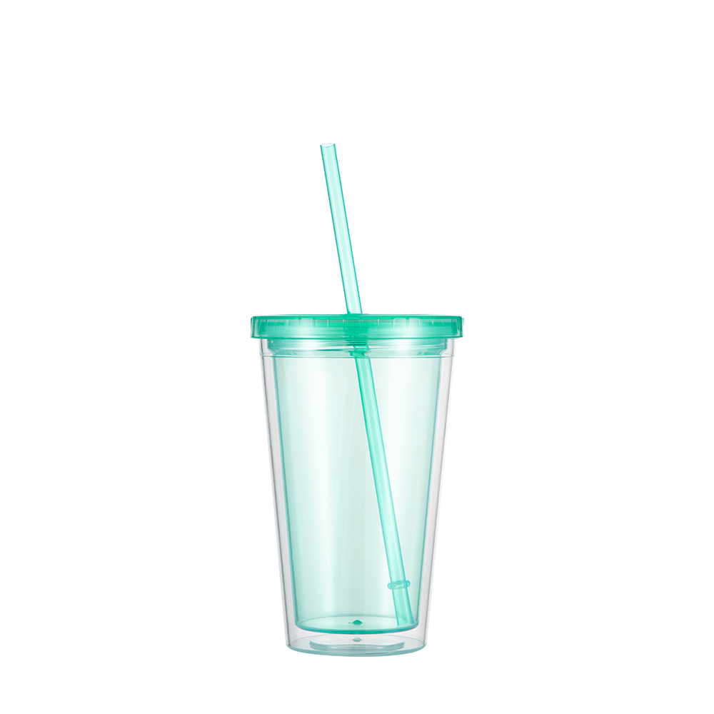 16OZ/473ml Double Wall Clear Plastic Tumbler with Straw &amp; Lid (Light Green)