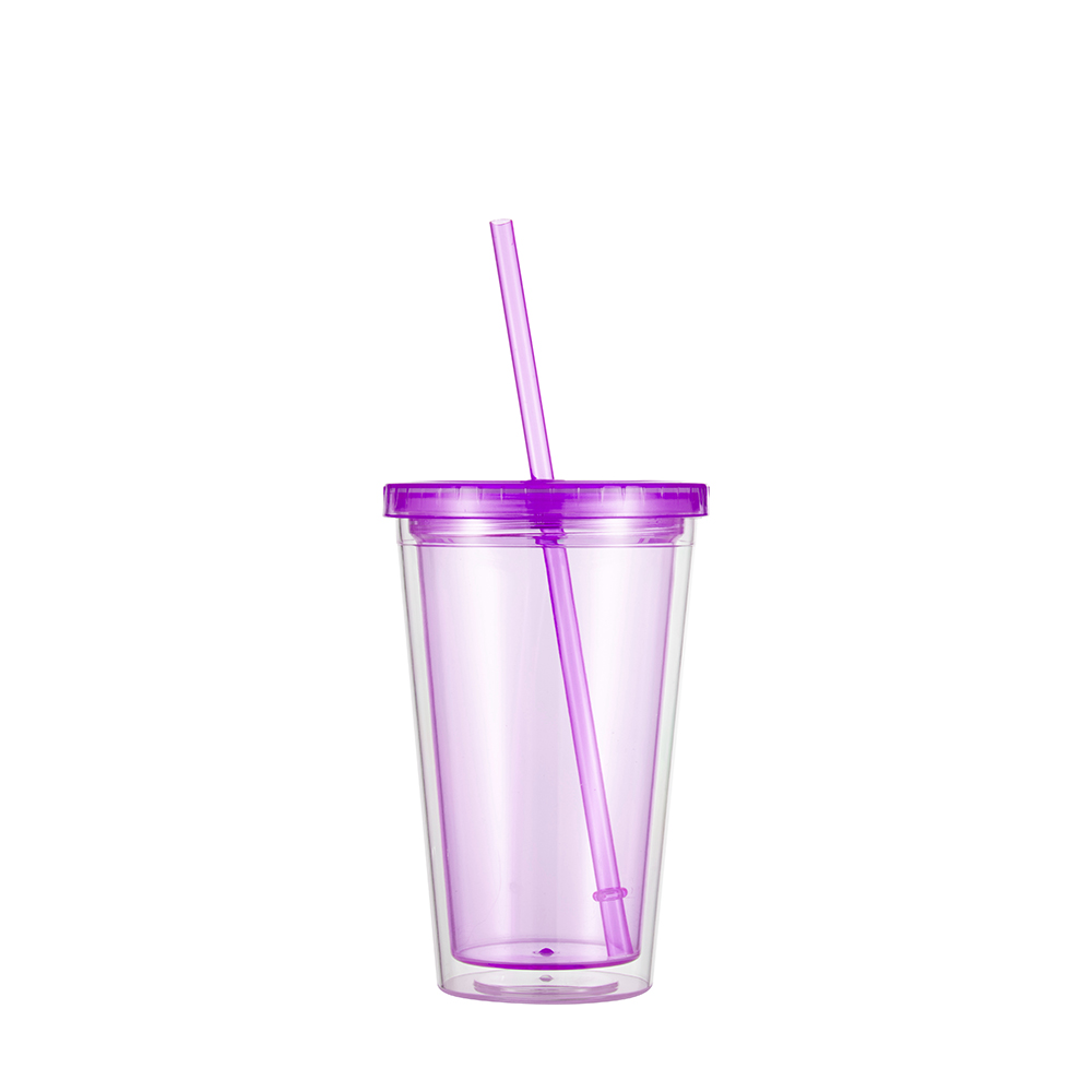 16OZ/473ml Double Wall Clear Plastic Tumbler with Straw &amp; Lid (Light Purple)