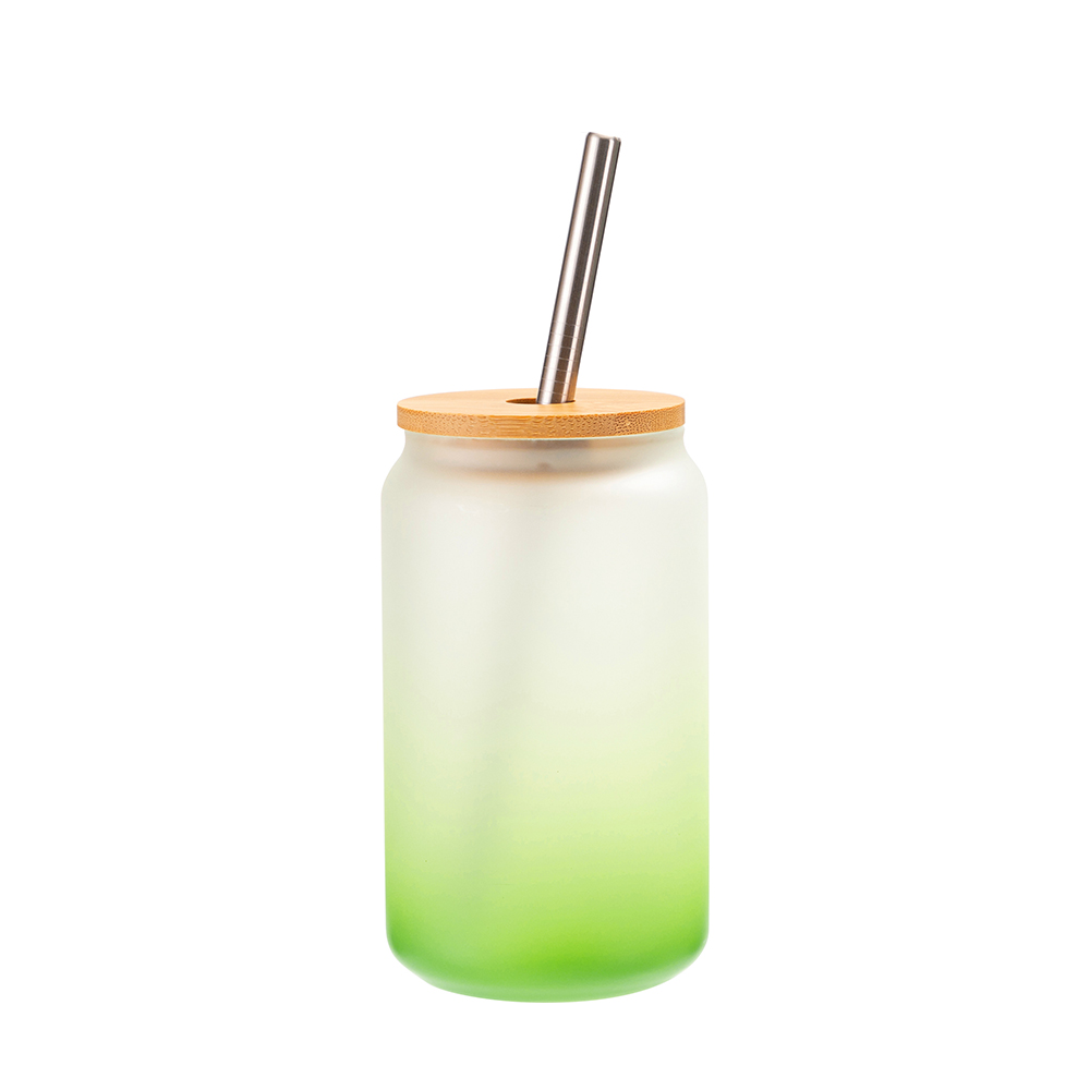 13oz/400ml Glass Mugs Gradient Green with Bamboo lid &amp; Metal Straw