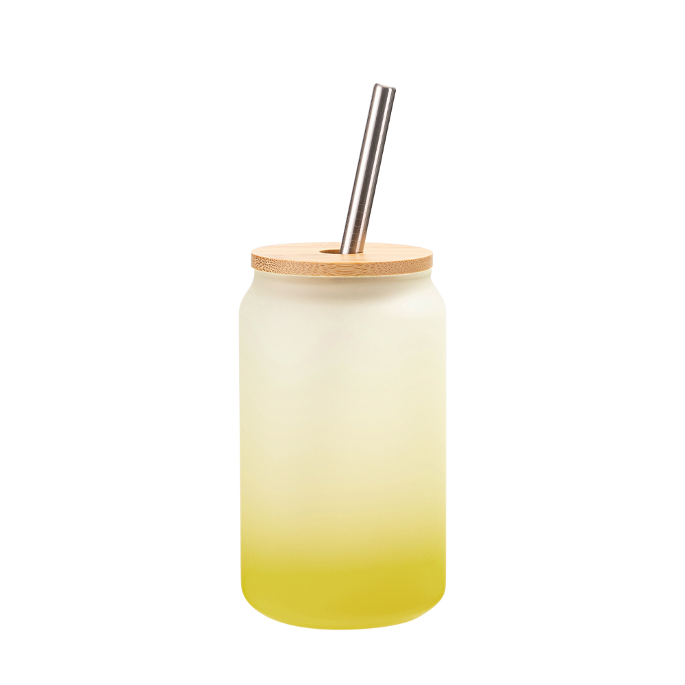 13oz/400ml Glass Mugs Gradient Lemon Yellow with Bamboo lid &amp; Metal Straw
