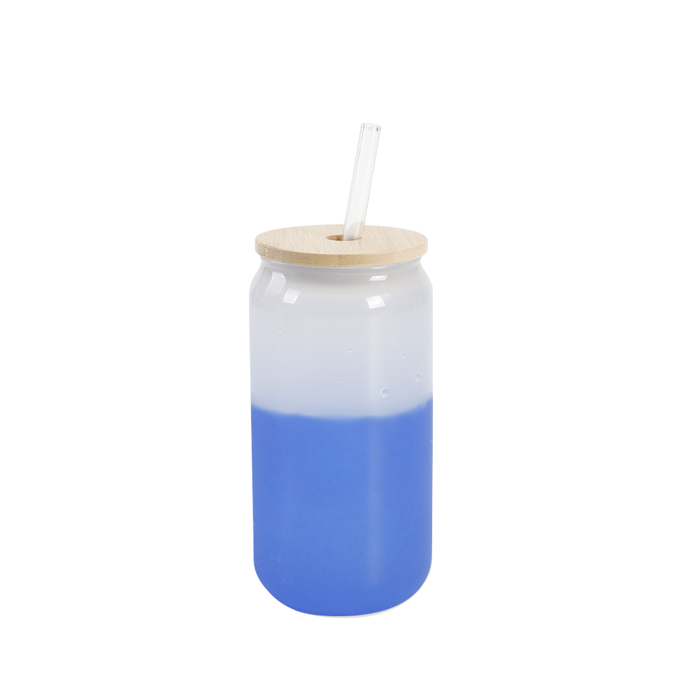 18oz/550ml Cold Color Change Glass Can with Bamboo Lid (Blue)