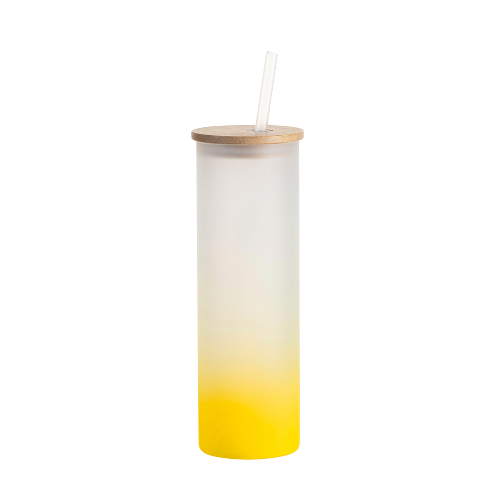 20oz/600ml Glass Skinny Tumbler w/Straw &amp; Bamboo Lid(Frosted, Gradient Yellow)