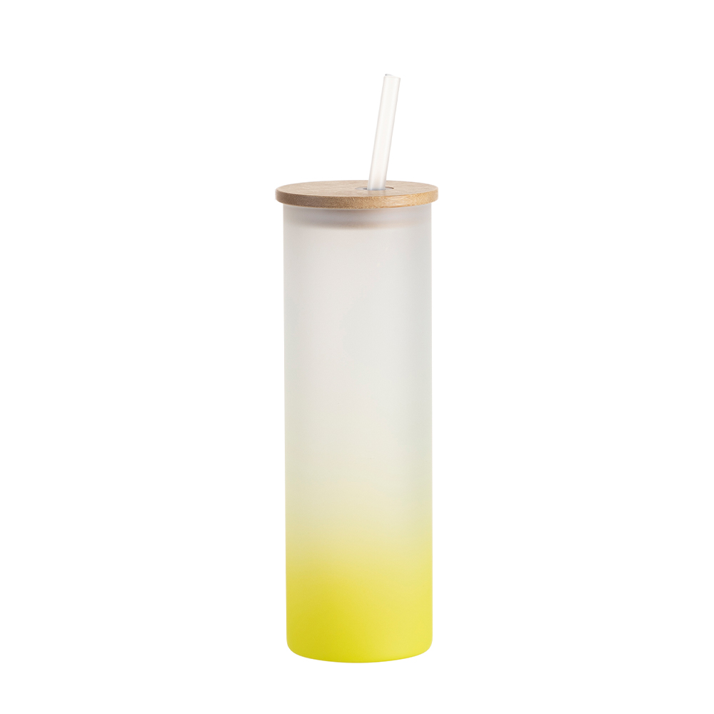 20oz/600ml Glass Skinny Tumbler w/Straw &amp; Bamboo Lid(Frosted, Gradient Lemon Yellow)