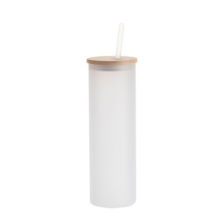 600ml Glass Skinny Tumbler w/Straw & Bamboo Lid(Frosted)
