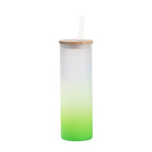 20oz/600ml Glass Skinny Tumbler w/Straw & Bamboo Lid(Frosted, Gradient Green)