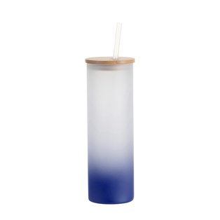 20oz/600ml Glass Skinny Tumbler w/Straw & Bamboo Lid(Frosted, Gradient Dark Blue)